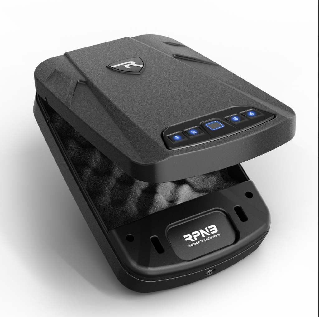 A black, portable device with a textured surface and a logo on the top, slightly opened to reveal a foam-lined interior. It features blue indicator lights and a control button.